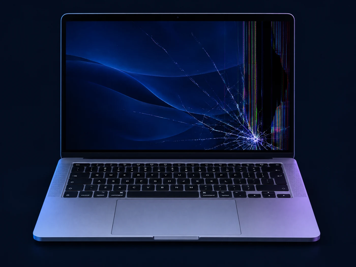 MacBook abierto con una pantalla rota